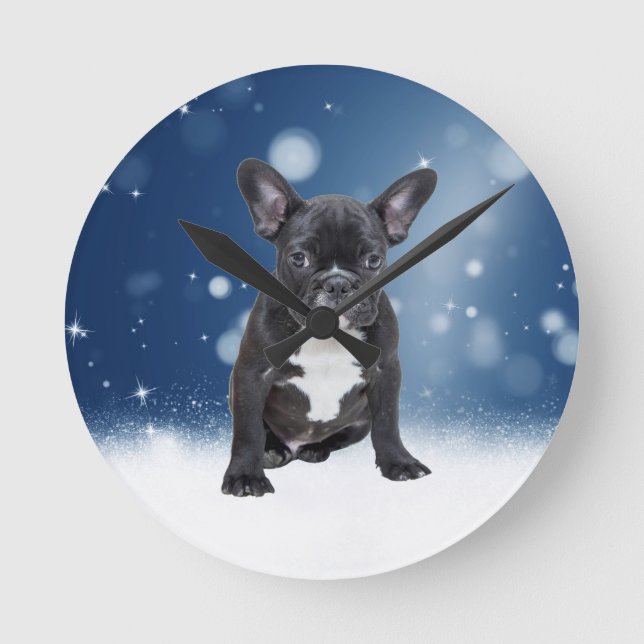 Horloge Ronde Mignonne French Bulldog Etoiles de neige Bleu Noël (Recto)