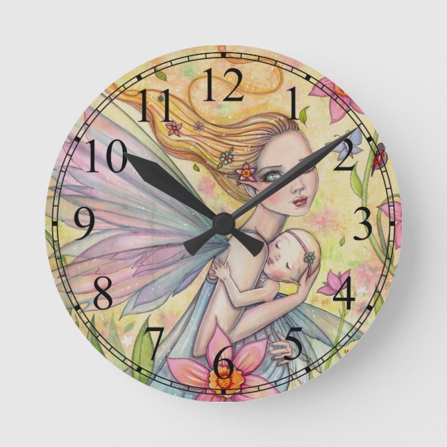 Horloge Ronde Mignonne illustration de fée de mère et de bébé fi (Recto)