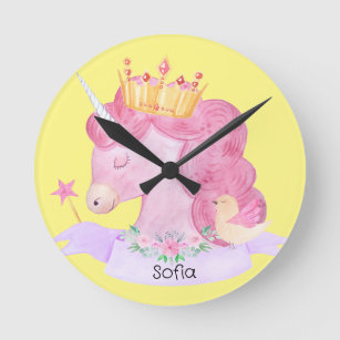 Horloge Ronde 👑 mignonne Princesse Unicorn Nom personnalisé
