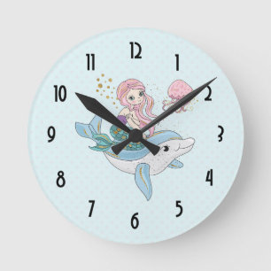 Horloge Ronde Mignonne sirène chevauchant un dauphin sous la mer