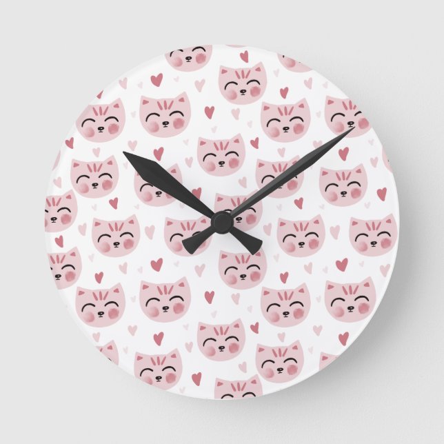 Horloge Ronde Mignons chatons roses et motif de cœurs pour enfan (Recto)