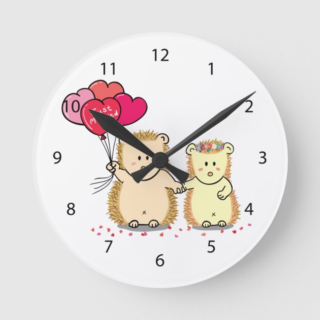 Horloge Ronde Mignons hérissons avec ballons, couple marié récem (Recto)