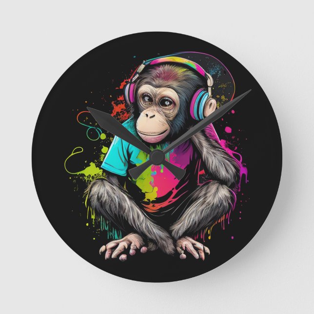 Horloge Ronde Mignons Singe Écouter Musique, Musique Singe Obséd (Recto)