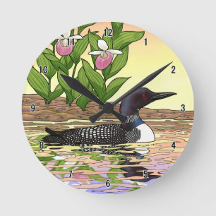 Horloge Ronde MN State Bird Flower Loon Lady Slipper
