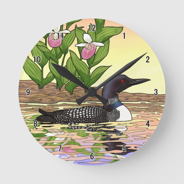 Horloge Ronde MN State Bird Flower Loon Lady Slipper (Recto)