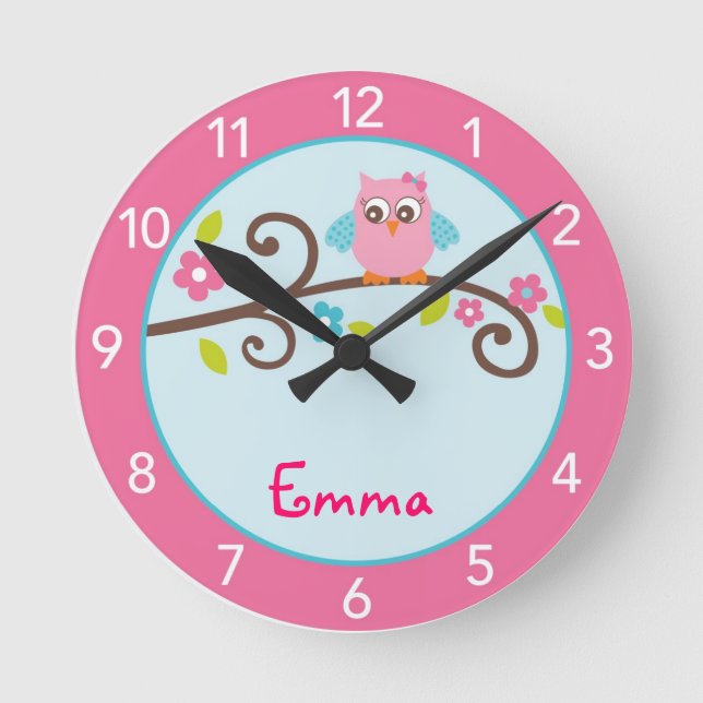 Horloge Ronde Mod Girl Owl Personalized Nursery Wall Clock (Recto)