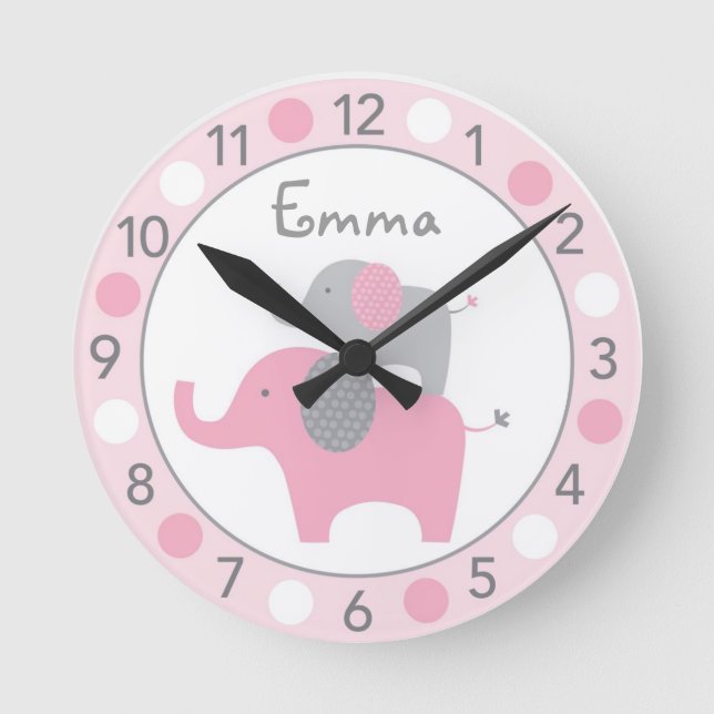 Horloge Ronde Mod Pink Elephant Personalized Nursery Wall Clock (Recto)