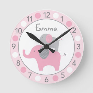 Horloge Ronde Mod Pink Elephant Personalized Nursery Wall Clock