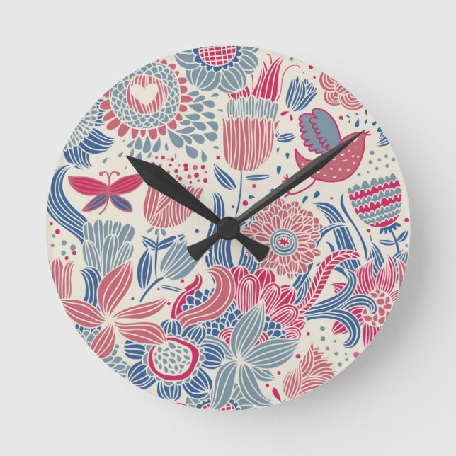 Horloge Ronde Modèle floral avec oiseau et papillon (Recto)
