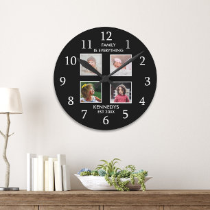Horloge Ronde Modern 4 Photo Collage Nom de famille Citation Noi
