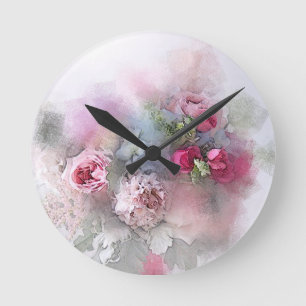 Horloge Ronde Modern Watercolor Roses Flowers