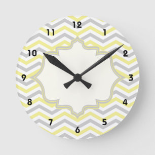 Horloge Ronde Modern yellow, grey, ivory chevron pattern custom