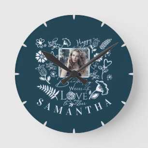 Horloge Ronde Moderne Anniversaire Floral Typographie Photo Dood