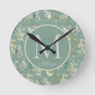 Horloge Ronde Moderne Élégante Sauge Verte Feuilles Argent Monog