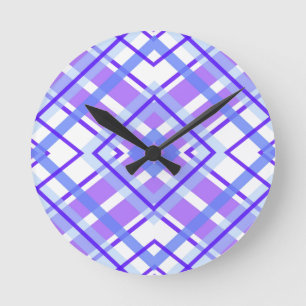 Horloge Ronde Moderne et élégant violet bleu & blanc En vichy Mo