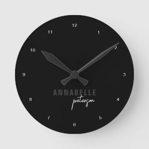 Horloge Ronde Moderne Minimaliste Script Personnalisé Noir & Bla