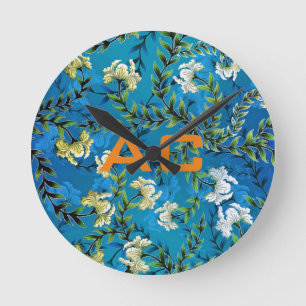 Horloge Ronde Moderne Monogramme Bleu Floral Chic