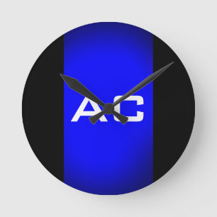Horloge Ronde Moderne Monogramme Bleu Plaine Noire