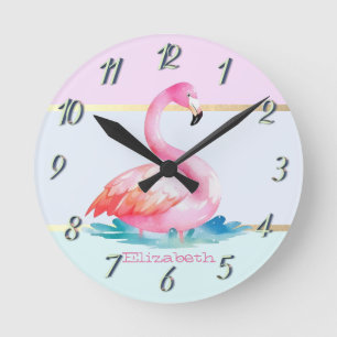 Horloge Ronde Moderne Pastel rayé, Flamants roses roses