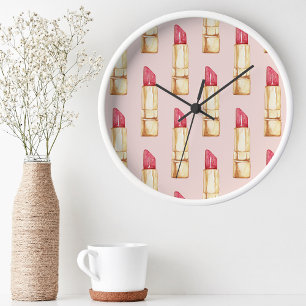 Horloge Ronde Moderne Pastel rose & rouge Motif à lèvres