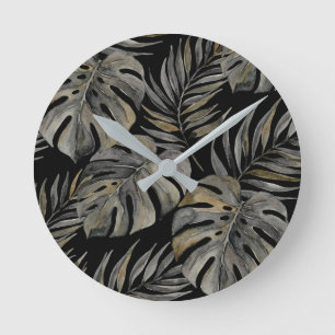 Horloge Ronde Moku Island Aquarelle Hawaïenne Monstera - Noir