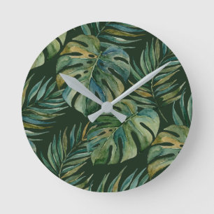 Horloge Ronde Moku Island Aquarelle Hawaïenne Monstera - Vert