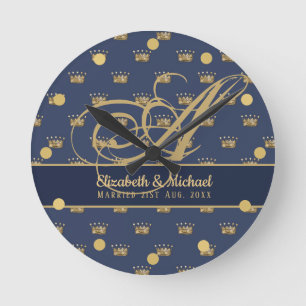 Horloge Ronde Mongram Navy Blue Gold Crown King Queen NEWLYWEDS