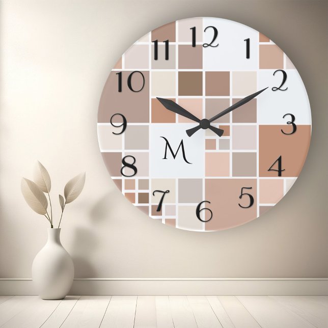 Horloge Ronde Mongram Wall Clock (Modern wall clock with a checkered tile pattern in tan, beige, coffee and sandy brown earth colors)