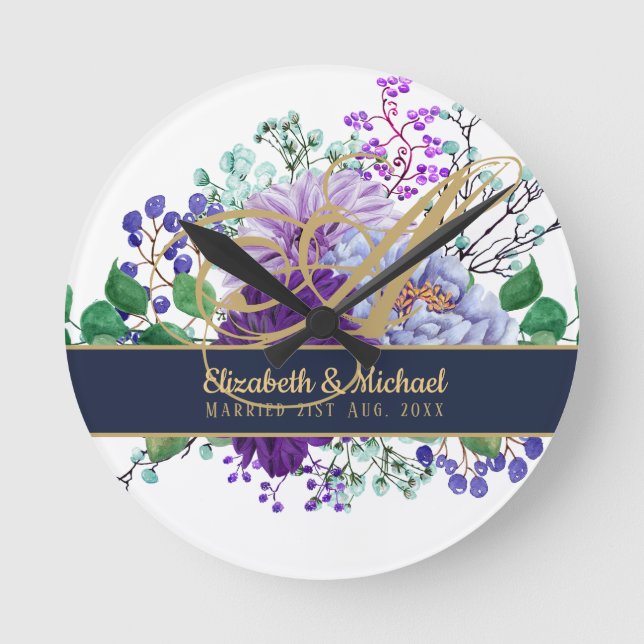Horloge Ronde Monogram Blue Purple Floral Gold Newlyweds Wedding (Recto)