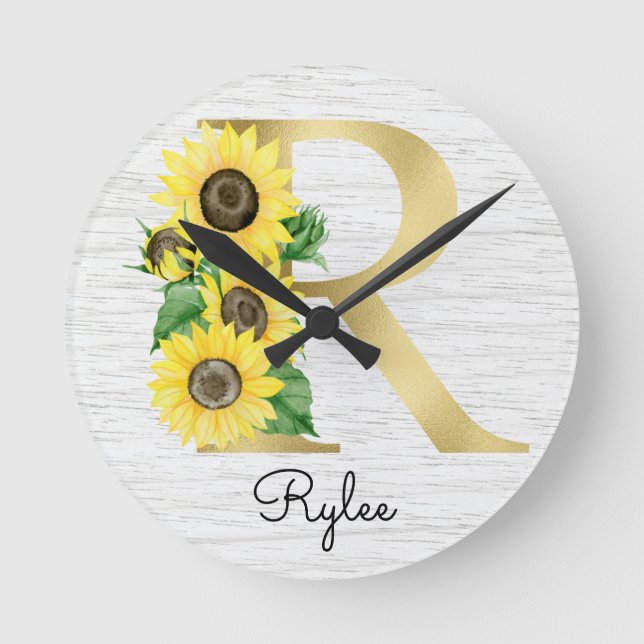 Horloge Ronde Monogram Gold Sunflower Girly Floral Initial R (Recto)