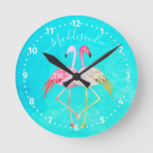 Horloge Ronde Monogram Name Two Pink Flamingos 