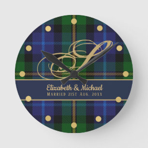 Horloge Ronde Monogram Smith Tartan Blue Green Gold Newlywees