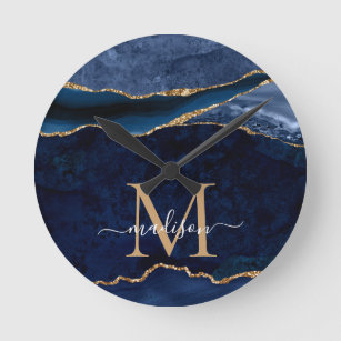 Horloge Ronde monograme de la marine Blue Gold Agate Geode Glitt