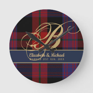 Horloge Ronde Monogramme BROWN Tartan bleu rouge Mariage des jeu