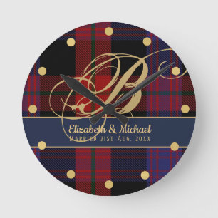 Horloge Ronde Monogramme BROWN Tartan bleu rouge Mariage des jeu