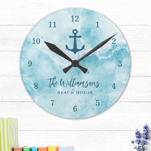 Horloge Ronde Monogramme Côte Turquoise Blue Beach House
