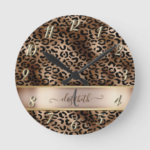 Horloge Ronde Monogramme de bronze noir Motif léopard