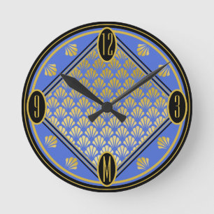 Horloge Ronde Monogramme de Motif de ventilateur de couleur Bleu