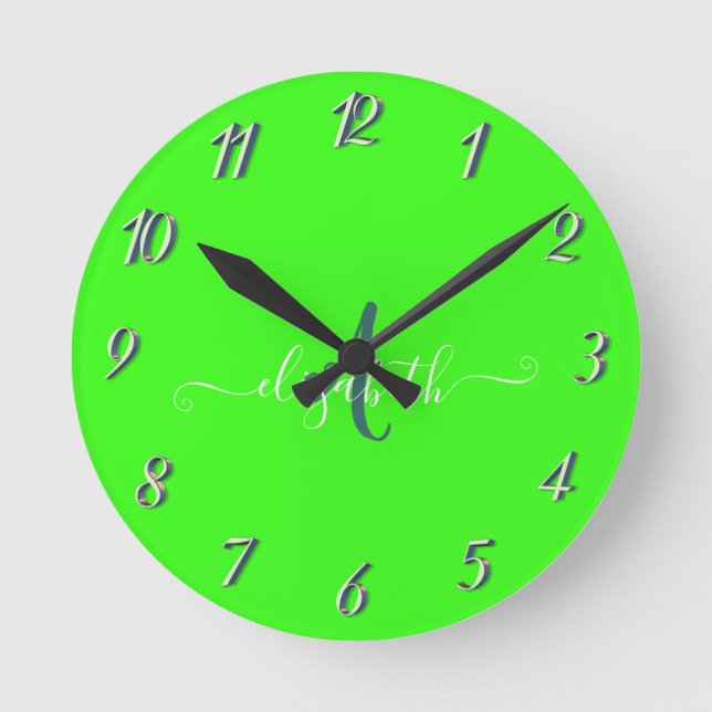 Horloge Ronde Monogramme de néon fluorescent vert (Recto)
