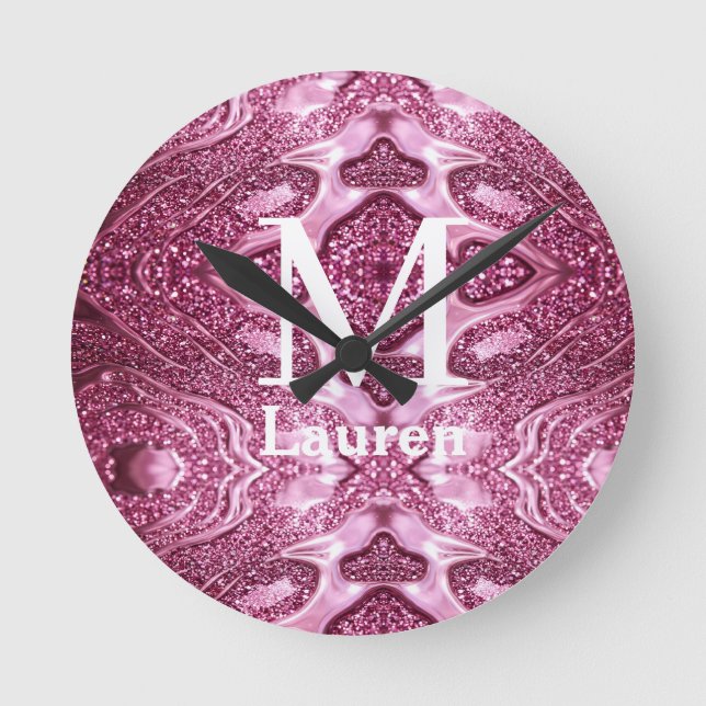 Horloge Ronde monogramme de nom girly abstrait métallisé rose (Recto)