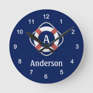 Horloge Ronde Monogramme de sauvetage nautique bleu marine
