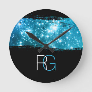 Horloge Ronde Monogramme DIY Blanc & Bleu, Coup de pinceau Stard