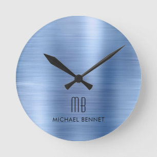 Horloge Ronde Monogramme élégant en métal brossé bleu