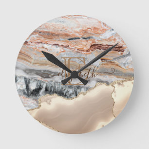 Horloge Ronde Monogramme élégant et stylé en marbre doré paillet