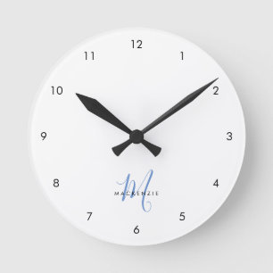 Horloge Ronde Monogramme élégant moderne blanc bleu script