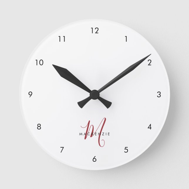 Horloge Ronde Monogramme élégant moderne blanc rouge script (Recto)