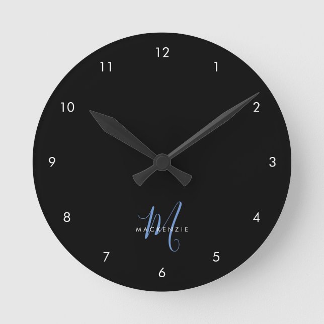 Horloge Ronde Monogramme élégant moderne noir bleu script (Recto)