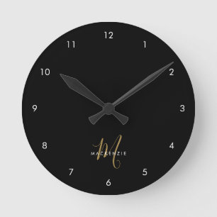 Horloge Ronde Monogramme élégant moderne noir or écriture