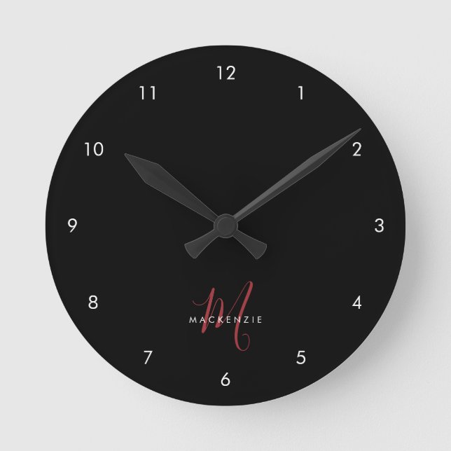 Horloge Ronde Monogramme élégant moderne noir rouge script (Recto)