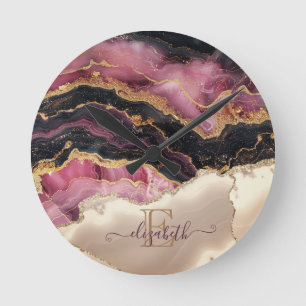 Horloge Ronde Monogramme élégant noir bordeaux paillettes dorées